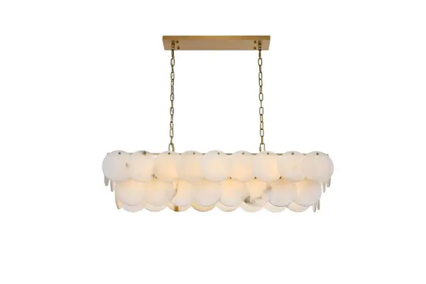 Dimensions
Chain/Rod Length: 59"
Length: 42"
Width: 12"
Height: 10"
Maximum Height: 76"
Wire Length: 142"
Specifications
Assembly Required: yes
Bulb Included: No
Dimmable: Yes
Distressed Finish: No
Dry/Wet/Damp: Dry
ETL: Yes
Finish (Color): Satin Gold and Frosted White
Fixture Material: Iron and Spanish Alabaster
Hanging Device: Chain
Hardware Finish: Satin Gold
Harware Material: Iron
Max/Nominal Watt: 680W
Number of Lights: 17
Product Shape: Rectangle
Product Type: Chandeliers
Product Warranty: 1 year limited
Socket Type: E12
Voltage: 110V - 125V
Wattage/Bulb: 40W
Weight: 43
Wire Included: Yes
Shipment type: Small parcel