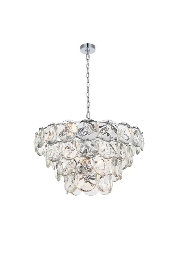 Dimensions
Chain/Rod Length: 59"
Length: 30.5"
Width: 30.5"
Height: 18"
Maximum Height: 86"
Wire Length: 142"
Specifications
Assembly Required: yes
Bulb Included: No
Crystal/Glass Color: Clear
Dimmable: Yes
Distressed Finish: No
Dry/Wet/Damp: Dry
ETL: Yes
Finish (Color): Chrome and Clear
Fixture Material: Iron and Crystal
Hanging Device: Chain
Hardware Finish: Chrome
Harware Material: Iron
Max/Nominal Watt: 840W
Number of Lights: 21
Product Shape: Round
Product Type: Chandeliers
Product Warranty: 1 year limited
Socket Type: E12
Voltage: 110V - 125V
Wattage/Bulb: 40W
Weight: 86
Wire Included: Yes
Shipment type: Oversize ground