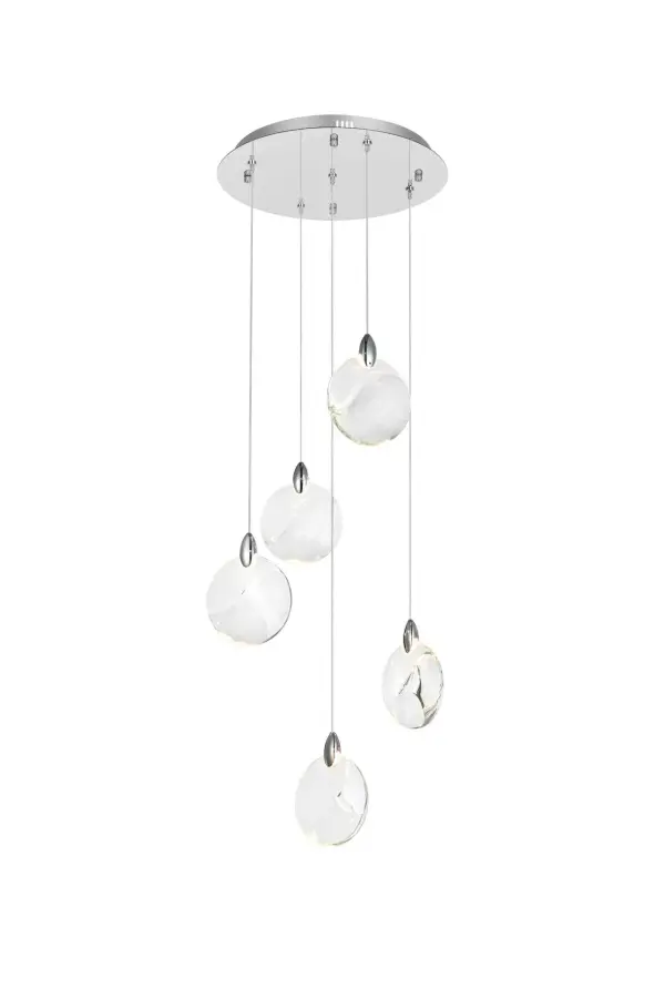 Dimensions
Chain/Rod Length: 142"
Length: 16"
Width: 16"
Height: 7.5"
Maximum Height: 125"
Wire Length: 142"
Specifications
Assembly Required: yes
Average Life (Hours): 6000
Bulb Included: Yes
Color Temperature: 3500K
CRI: 80
Crystal/Glass Color: Clear
Dimmable: Yes
Distressed Finish: No
Dry/Wet/Damp: Dry
ETL: Yes
Finish (Color): Chrome and Clear
Fixture Material: Iron and Crystal
Hanging Device: Cord
Hardware Finish: Chrome
Harware Material: Iron
Lumens: 150
Max/Nominal Watt: 10W
Number of Lights: 5
Product Shape: Round
Product Type: Pendants
Product Warranty: 1 year limited
Socket Type: LED
Voltage: 110V - 125V
Wattage/Bulb: 2W
Watts: 2W
Weight: 15
Wire Included: Yes
Shipment type: Small parcel