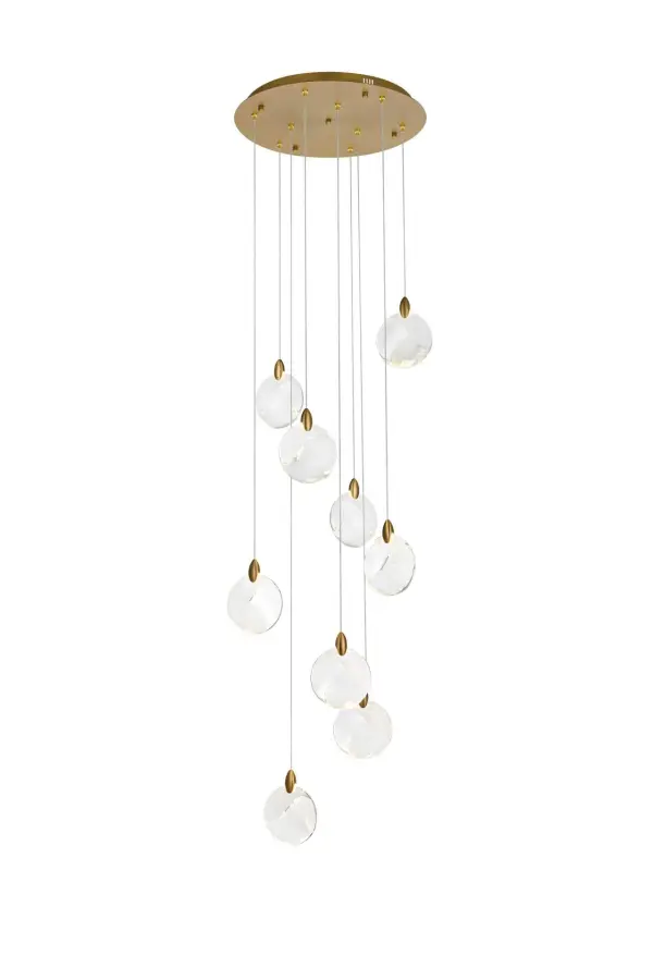 Dimensions
Chain/Rod Length: 142"
Length: 20"
Width: 20"
Height: 7.5"
Maximum Height: 125"
Wire Length: 142"
Specifications
Assembly Required: yes
Average Life (Hours): 6000
Bulb Included: Yes
Color Temperature: 3500K
CRI: 80
Crystal/Glass Color: Clear
Dimmable: Yes
Distressed Finish: No
Dry/Wet/Damp: Dry
ETL: Yes
Finish (Color): Satin Gold and Clear
Fixture Material: Iron and Crystal
Hanging Device: Cord
Hardware Finish: Satin Gold
Harware Material: Iron
Lumens: 150
Max/Nominal Watt: 18W
Number of Lights: 9
Product Shape: Round
Product Type: Pendants
Product Warranty: 1 year limited
Socket Type: LED
Voltage: 110V - 125V
Wattage/Bulb: 2W
Watts: 2W
Weight: 24
Wire Included: Yes
Shipment type: Small parcel