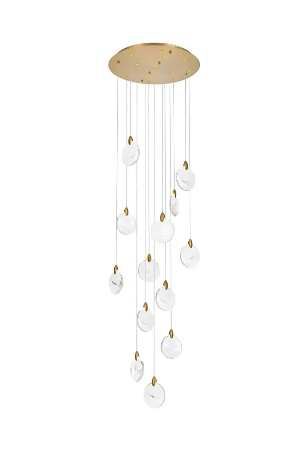 Dimensions
Chain/Rod Length: 142"
Length: 24"
Width: 24"
Height: 7.5"
Maximum Height: 125"
Wire Length: 142"
Specifications
Assembly Required: yes
Average Life (Hours): 6000
Bulb Included: Yes
Color Temperature: 3500K
CRI: 80
Crystal/Glass Color: Clear
Dimmable: Yes
Distressed Finish: No
Dry/Wet/Damp: Dry
ETL: Yes
Finish (Color): Satin Gold and Clear
Fixture Material: Iron and Crystal
Hanging Device: Cord
Hardware Finish: Satin Gold
Harware Material: Iron
Lumens: 150
Max/Nominal Watt: 26W
Number of Lights: 13
Product Shape: Round
Product Type: Pendants
Product Warranty: 1 year limited
Socket Type: LED
Voltage: 110V - 125V
Wattage/Bulb: 2W
Watts: 2W
Weight: 33
Wire Included: Yes
Shipment type: Small parcel