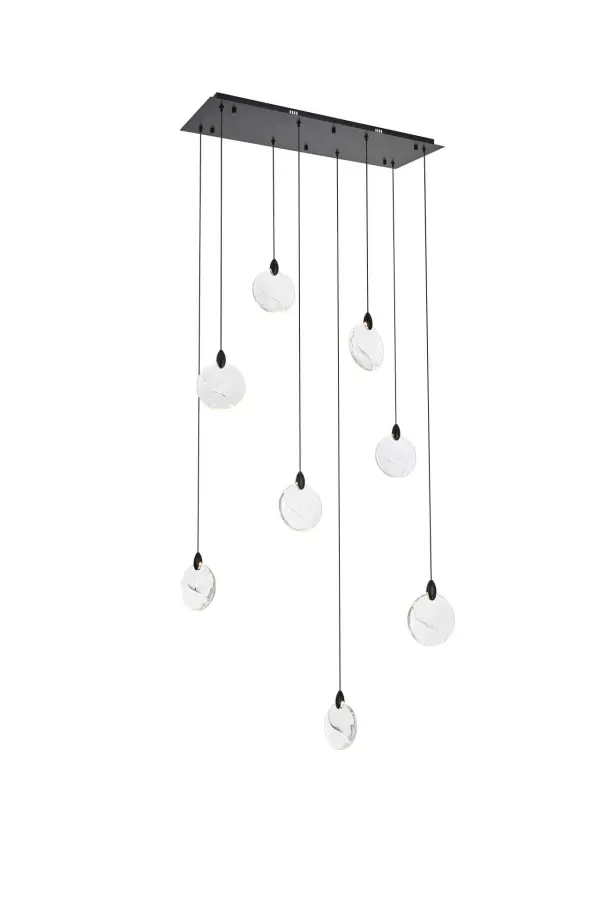 Dimensions
Chain/Rod Length: 142"
Length: 36"
Width: 12"
Height: 7.5"
Maximum Height: 125"
Wire Length: 142"
Specifications
Assembly Required: yes
Average Life (Hours): 6000
Bulb Included: Yes
Color Temperature: 3500K
CRI: 80
Crystal/Glass Color: Clear
Dimmable: Yes
Distressed Finish: No
Dry/Wet/Damp: Dry
ETL: Yes
Finish (Color): Black and Clear
Fixture Material: Iron and Crystal
Hanging Device: Cord
Hardware Finish: Black
Harware Material: Iron
Lumens: 150
Max/Nominal Watt: 16W
Number of Lights: 8
Product Shape: Rectangle
Product Type: Pendants
Product Warranty: 1 year limited
Socket Type: LED
Voltage: 110V - 125V
Wattage/Bulb: 2W
Watts: 2W
Weight: 25.5
Wire Included: Yes
Shipment type: Small parcel