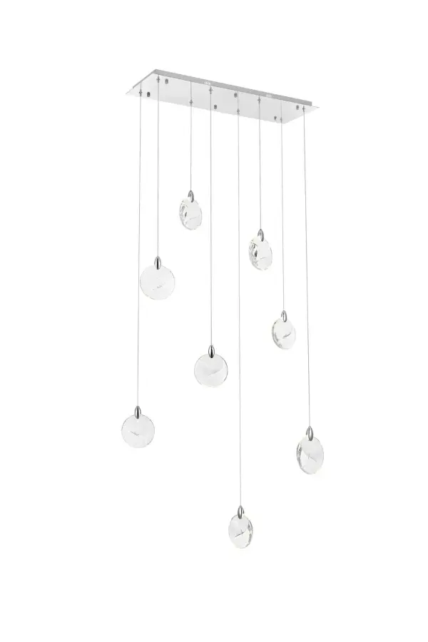 Dimensions
Chain/Rod Length: 142"
Length: 36"
Width: 12"
Height: 7.5"
Maximum Height: 125"
Wire Length: 142"
Specifications
Assembly Required: yes
Average Life (Hours): 6000
Bulb Included: Yes
Color Temperature: 3500K
CRI: 80
Crystal/Glass Color: Clear
Dimmable: Yes
Distressed Finish: No
Dry/Wet/Damp: Dry
ETL: Yes
Finish (Color): Chrome and Clear
Fixture Material: Iron and Crystal
Hanging Device: Cord
Hardware Finish: Chrome
Harware Material: Iron
Lumens: 150
Max/Nominal Watt: 16W
Number of Lights: 8
Product Shape: Rectangle
Product Type: Pendants
Product Warranty: 1 year limited
Socket Type: LED
Voltage: 110V - 125V
Wattage/Bulb: 2W
Watts: 2W
Weight: 25.5
Wire Included: Yes
Shipment type: Small parcel