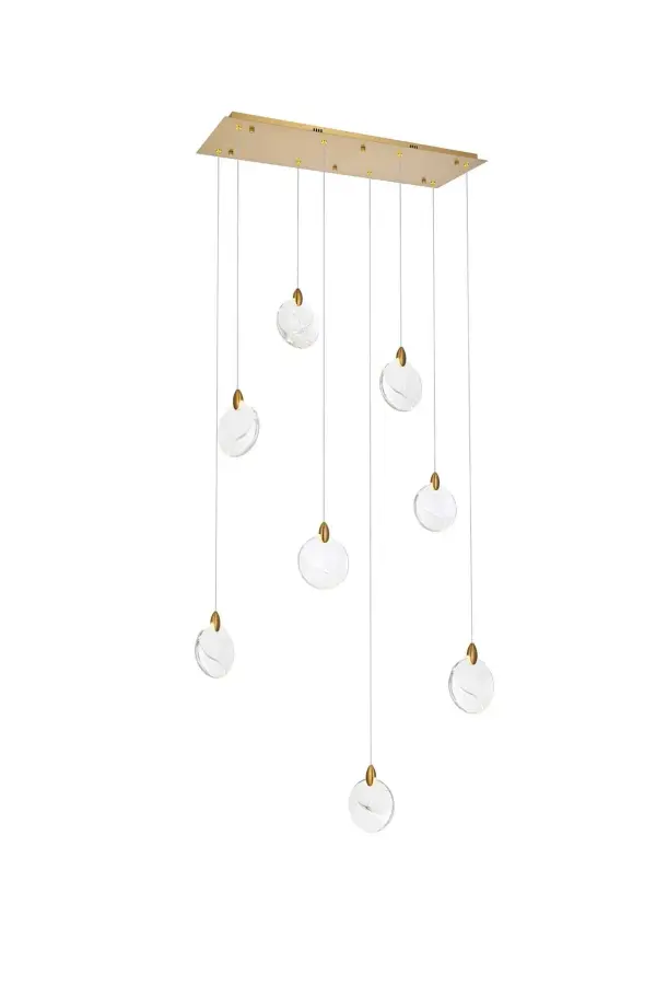 Dimensions
Chain/Rod Length: 142"
Length: 36"
Width: 12"
Height: 7.5"
Maximum Height: 125"
Wire Length: 142"
Specifications
Assembly Required: yes
Average Life (Hours): 6000
Bulb Included: Yes
Color Temperature: 3500K
CRI: 80
Crystal/Glass Color: Clear
Dimmable: Yes
Distressed Finish: No
Dry/Wet/Damp: Dry
ETL: Yes
Finish (Color): Satin Gold and Clear
Fixture Material: Iron and Crystal
Hanging Device: Cord
Hardware Finish: Satin Gold
Harware Material: Iron
Lumens: 150
Max/Nominal Watt: 16W
Number of Lights: 8
Product Shape: Rectangle
Product Type: Pendants
Product Warranty: 1 year limited
Socket Type: LED
Voltage: 110V - 125V
Wattage/Bulb: 2W
Watts: 2W
Weight: 25.5
Wire Included: Yes
Shipment type: Small parcel