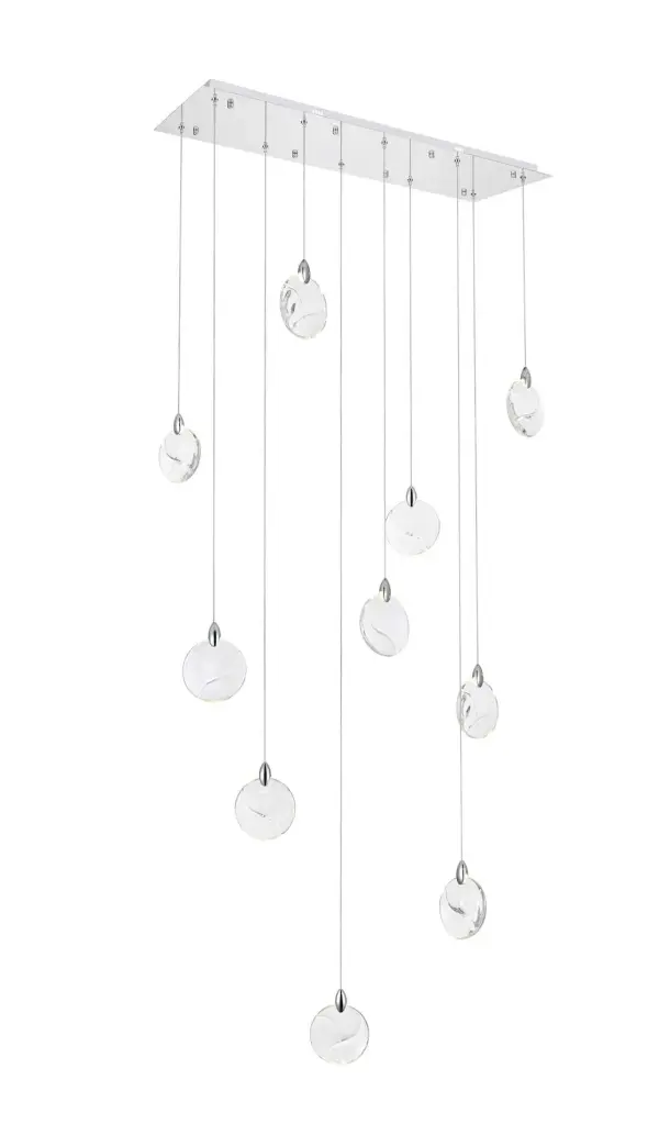 Dimensions
Chain/Rod Length: 142"
Length: 42"
Width: 12"
Height: 7.5"
Maximum Height: 125"
Wire Length: 142"
Specifications
Assembly Required: yes
Average Life (Hours): 6000
Bulb Included: Yes
Color Temperature: 3500K
CRI: 80
Crystal/Glass Color: Clear
Dimmable: Yes
Distressed Finish: No
Dry/Wet/Damp: Dry
ETL: Yes
Finish (Color): Chrome and Clear
Fixture Material: Iron and Crystal
Hanging Device: Cord
Hardware Finish: Chrome
Harware Material: Iron
Lumens: 150
Max/Nominal Watt: 20W
Number of Lights: 10
Product Shape: Rectangle
Product Type: Pendants
Product Warranty: 1 year limited
Socket Type: LED
Voltage: 110V - 125V
Wattage/Bulb: 2W
Watts: 2W
Weight: 31
Wire Included: Yes
Shipment type: Small parcel