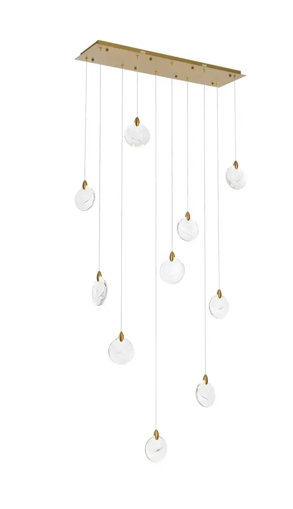 Dimensions
Chain/Rod Length: 142"
Length: 42"
Width: 12"
Height: 7.5"
Maximum Height: 125"
Wire Length: 142"
Specifications
Assembly Required: yes
Average Life (Hours): 6000
Bulb Included: Yes
Color Temperature: 3500K
CRI: 80
Crystal/Glass Color: Clear
Dimmable: Yes
Distressed Finish: No
Dry/Wet/Damp: Dry
ETL: Yes
Finish (Color): Satin Gold and Clear
Fixture Material: Iron and Crystal
Hanging Device: Cord
Hardware Finish: Satin Gold
Harware Material: Iron
Lumens: 150
Max/Nominal Watt: 20W
Number of Lights: 10
Product Shape: Rectangle
Product Type: Pendants
Product Warranty: 1 year limited
Socket Type: LED
Voltage: 110V - 125V
Wattage/Bulb: 2W
Watts: 2W
Weight: 31
Wire Included: Yes
Shipment type: Small parcel