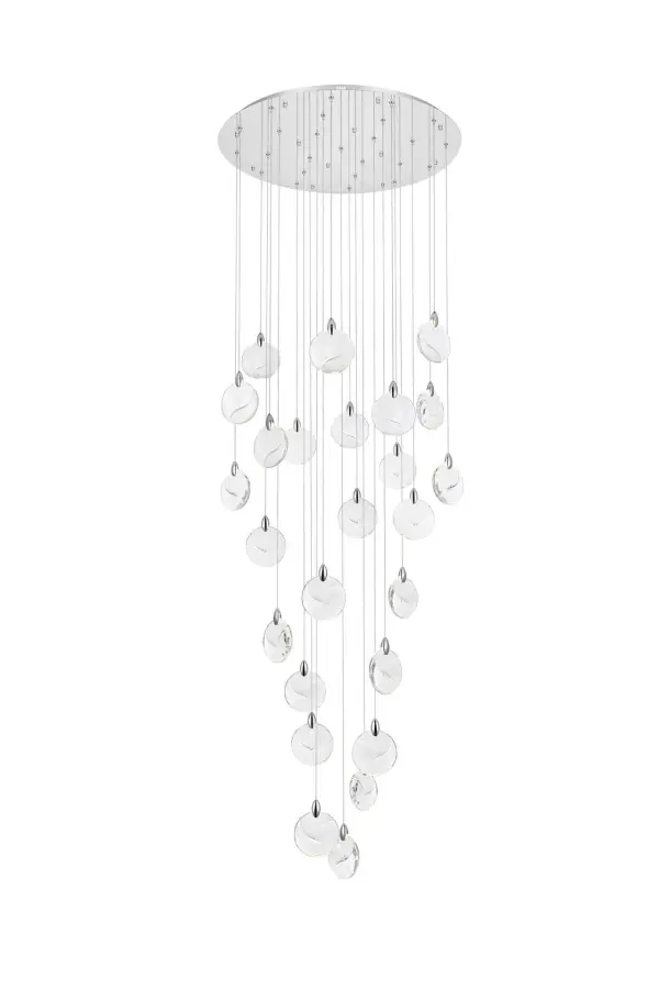 Dimensions
Chain/Rod Length: 142"
Length: 36"
Width: 36"
Height: 7.5"
Maximum Height: 125"
Wire Length: 142"
Specifications
Assembly Required: yes
Average Life (Hours): 6000
Bulb Included: Yes
Color Temperature: 3500K
CRI: 80
Crystal/Glass Color: Clear
Dimmable: Yes
Distressed Finish: No
Dry/Wet/Damp: Dry
ETL: Yes
Finish (Color): Chrome and Clear
Fixture Material: Iron and Crystal
Hanging Device: Cord
Hardware Finish: Chrome
Harware Material: Iron
Lumens: 150
Max/Nominal Watt: 50W
Number of Lights: 25
Product Shape: Round
Product Type: Chandeliers
Product Warranty: 1 year limited
Socket Type: LED
Voltage: 110V - 125V
Wattage/Bulb: 2W
Watts: 2W
Weight: 66
Wire Included: Yes
Shipment type: Oversize ground