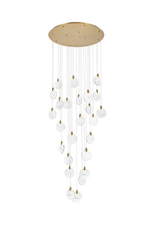 Dimensions
Chain/Rod Length: 142"
Length: 36"
Width: 36"
Height: 7.5"
Maximum Height: 125"
Wire Length: 142"
Specifications
Assembly Required: yes
Average Life (Hours): 6000
Bulb Included: Yes
Color Temperature: 3500K
CRI: 80
Crystal/Glass Color: Clear
Dimmable: Yes
Distressed Finish: No
Dry/Wet/Damp: Dry
ETL: Yes
Finish (Color): Satin Gold and Clear
Fixture Material: Iron and Crystal
Hanging Device: Cord
Hardware Finish: Satin Gold
Harware Material: Iron
Lumens: 150
Max/Nominal Watt: 50W
Number of Lights: 25
Product Shape: Round
Product Type: Chandeliers
Product Warranty: 1 year limited
Socket Type: LED
Voltage: 110V - 125V
Wattage/Bulb: 2W
Watts: 2W
Weight: 66
Wire Included: Yes
Shipment type: Oversize ground