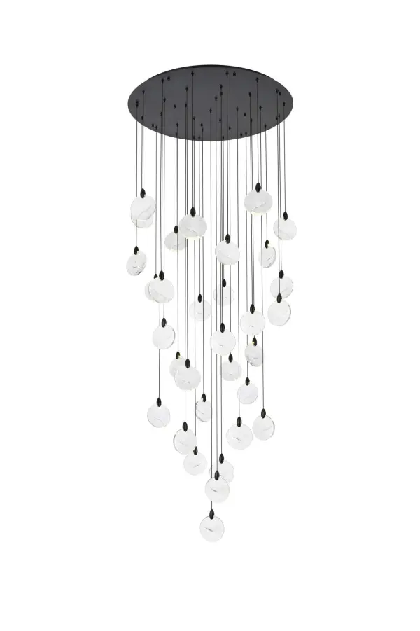 Dimensions
Chain/Rod Length: 142"
Length: 42"
Width: 42"
Height: 7.5"
Maximum Height: 125"
Wire Length: 142"
Specifications
Assembly Required: yes
Average Life (Hours): 6000
Bulb Included: Yes
Color Temperature: 3500K
CRI: 80
Crystal/Glass Color: Clear
Dimmable: Yes
Distressed Finish: No
Dry/Wet/Damp: Dry
ETL: Yes
Finish (Color): Black and Clear
Fixture Material: Iron and Crystal
Hanging Device: Cord
Hardware Finish: Black
Harware Material: Iron
Lumens: 150
Max/Nominal Watt: 64W
Number of Lights: 32
Product Shape: Round
Product Type: Chandeliers
Product Warranty: 1 year limited
Socket Type: LED
Voltage: 110V - 125V
Wattage/Bulb: 2W
Watts: 2W
Weight: 85
Wire Included: Yes
Shipment type: Oversize ground