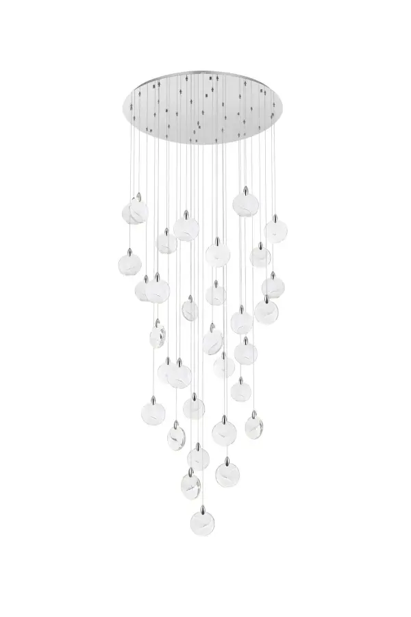 Dimensions
Chain/Rod Length: 142"
Length: 42"
Width: 42"
Height: 7.5"
Maximum Height: 125"
Wire Length: 142"
Specifications
Assembly Required: yes
Average Life (Hours): 6000
Bulb Included: Yes
Color Temperature: 3500K
CRI: 80
Crystal/Glass Color: Clear
Dimmable: Yes
Distressed Finish: No
Dry/Wet/Damp: Dry
ETL: Yes
Finish (Color): Chrome and Clear
Fixture Material: Iron and Crystal
Hanging Device: Cord
Hardware Finish: Chrome
Harware Material: Iron
Lumens: 150
Max/Nominal Watt: 64W
Number of Lights: 32
Product Shape: Round
Product Type: Chandeliers
Product Warranty: 1 year limited
Socket Type: LED
Voltage: 110V - 125V
Wattage/Bulb: 2W
Watts: 2W
Weight: 85
Wire Included: Yes
Shipment type: Oversize ground