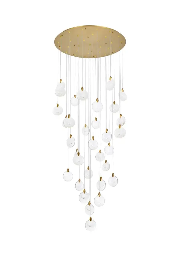 Dimensions
Chain/Rod Length: 142"
Length: 42"
Width: 42"
Height: 7.5"
Maximum Height: 125"
Wire Length: 142"
Specifications
Assembly Required: yes
Average Life (Hours): 6000
Bulb Included: Yes
Color Temperature: 3500K
CRI: 80
Crystal/Glass Color: Clear
Dimmable: Yes
Distressed Finish: No
Dry/Wet/Damp: Dry
ETL: Yes
Finish (Color): Satin Gold and Clear
Fixture Material: Iron and Crystal
Hanging Device: Cord
Hardware Finish: Satin Gold
Harware Material: Iron
Lumens: 150
Max/Nominal Watt: 64W
Number of Lights: 32
Product Shape: Round
Product Type: Chandeliers
Product Warranty: 1 year limited
Socket Type: LED
Voltage: 110V - 125V
Wattage/Bulb: 2W
Watts: 2W
Weight: 85
Wire Included: Yes
Shipment type: Oversize ground