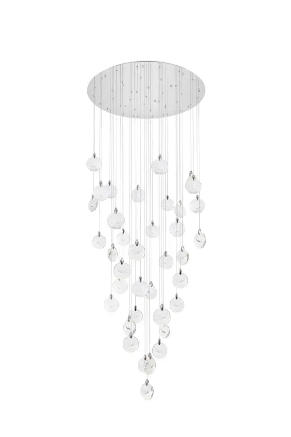 Dimensions
Chain/Rod Length: 142"
Length: 48"
Width: 48"
Height: 7.5"
Maximum Height: 125"
Wire Length: 142"
Specifications
Assembly Required: yes
Average Life (Hours): 6000
Bulb Included: Yes
Color Temperature: 3500K
CRI: 80
Crystal/Glass Color: Clear
Dimmable: Yes
Distressed Finish: No
Dry/Wet/Damp: Dry
ETL: Yes
Finish (Color): Chrome and Clear
Fixture Material: Iron and Crystal
Hanging Device: Cord
Hardware Finish: Chrome
Harware Material: Iron
Lumens: 150
Max/Nominal Watt: 74W
Number of Lights: 37
Product Shape: Round
Product Type: Chandeliers
Product Warranty: 1 year limited
Socket Type: LED
Voltage: 110V - 125V
Wattage/Bulb: 2W
Watts: 2W
Weight: 101
Wire Included: Yes
Shipment type: LTL