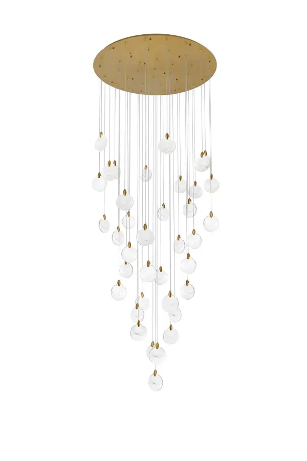 Dimensions
Chain/Rod Length: 142"
Length: 48"
Width: 48"
Height: 7.5"
Maximum Height: 125"
Wire Length: 142"
Specifications
Assembly Required: yes
Average Life (Hours): 6000
Bulb Included: Yes
Color Temperature: 3500K
CRI: 80
Crystal/Glass Color: Clear
Dimmable: Yes
Distressed Finish: No
Dry/Wet/Damp: Dry
ETL: Yes
Finish (Color): Satin Gold and Clear
Fixture Material: Iron and Crystal
Hanging Device: Cord
Hardware Finish: Satin Gold
Harware Material: Iron
Lumens: 150
Max/Nominal Watt: 74W
Number of Lights: 37
Product Shape: Round
Product Type: Chandeliers
Product Warranty: 1 year limited
Socket Type: LED
Voltage: 110V - 125V
Wattage/Bulb: 2W
Watts: 2W
Weight: 101
Wire Included: Yes
Shipment type: LTL