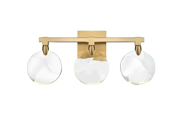 Dimensions
Width: 22"
Height: 9.5"
Extension: 4"
Wire Length: 20"
Specifications
Assembly Required: yes
Average Life (Hours): 6000
Bulb Included: Yes
Color Temperature: 3500K
CRI: 80
Crystal/Glass Color: Clear
Dimmable: Yes
Distressed Finish: No
Dry/Wet/Damp: Dry
ETL: Yes
Finish (Color): Satin Gold and Clear
Fixture Material: Iron and Crystal
Hardware Finish: Satin Gold
Harware Material: Iron
Lumens: 150
Max/Nominal Watt: 6W
Number of Lights: 3
Product Shape: Rectangle
Product Type: Wall Sconce
Product Warranty: 1 year limited
Socket Type: LED
Voltage: 110V - 125V
Wattage/Bulb: 2W
Watts: 2W
Weight: 8
Wire Included: Yes
Shipment type: Small parcel