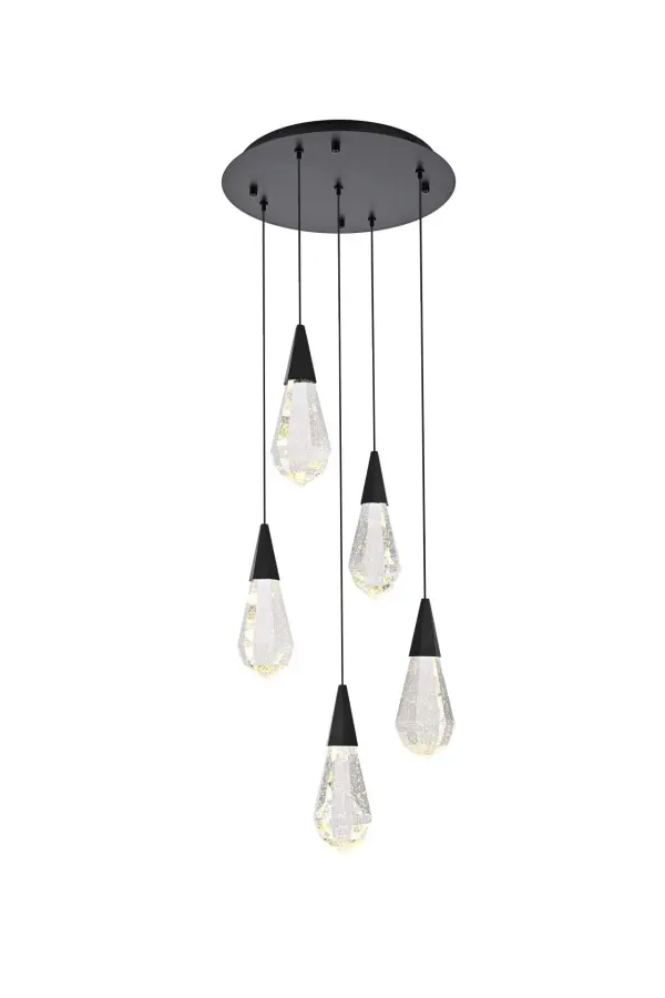 Dimensions
Chain/Rod Length: 142"
Length: 16"
Width: 16"
Height: 10"
Maximum Height: 128"
Wire Length: 142"
Specifications
Assembly Required: yes
Average Life (Hours): 6000
Bulb Included: Yes
Color Temperature: 3500K
CRI: 80
Crystal/Glass Color: Clear
Dimmable: Yes
Distressed Finish: No
Dry/Wet/Damp: Dry
ETL: Yes
Finish (Color): Black and Clear
Fixture Material: Iron and Crystal
Hanging Device: Cord
Hardware Finish: Black
Harware Material: Iron
Lumens: 150
Max/Nominal Watt: 10W
Number of Lights: 5
Product Shape: Round
Product Type: Pendants
Product Warranty: 1 year limited
Socket Type: LED
Voltage: 110V - 125V
Wattage/Bulb: 2W
Watts: 2W
Weight: 26
Wire Included: Yes
Shipment type: Small parcel