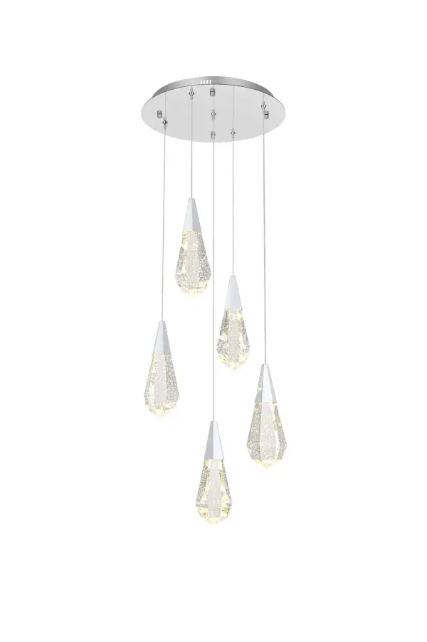 Dimensions
Chain/Rod Length: 142"
Length: 16"
Width: 16"
Height: 10"
Maximum Height: 128"
Wire Length: 142"
Specifications
Assembly Required: yes
Average Life (Hours): 6000
Bulb Included: Yes
Color Temperature: 3500K
CRI: 80
Crystal/Glass Color: Clear
Dimmable: Yes
Distressed Finish: No
Dry/Wet/Damp: Dry
ETL: Yes
Finish (Color): Chrome and Clear
Fixture Material: Iron and Crystal
Hanging Device: Cord
Hardware Finish: Chrome
Harware Material: Iron
Lumens: 150
Max/Nominal Watt: 10W
Number of Lights: 5
Product Shape: Round
Product Type: Pendants
Product Warranty: 1 year limited
Socket Type: LED
Voltage: 110V - 125V
Wattage/Bulb: 2W
Watts: 2W
Weight: 26
Wire Included: Yes
Shipment type: Small parcel