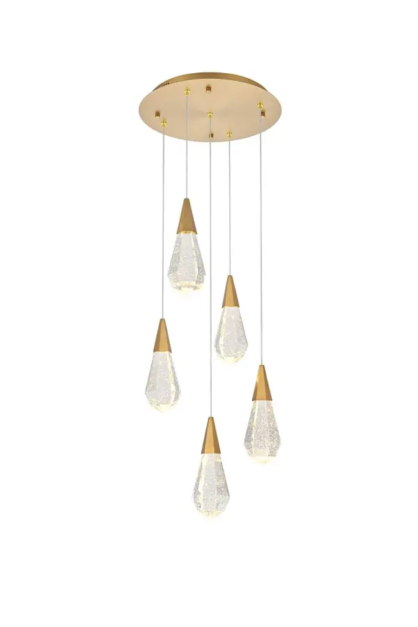 Dimensions
Chain/Rod Length: 142"
Length: 16"
Width: 16"
Height: 10"
Maximum Height: 128"
Wire Length: 142"
Specifications
Assembly Required: yes
Average Life (Hours): 6000
Bulb Included: Yes
Color Temperature: 3500K
CRI: 80
Crystal/Glass Color: Clear
Dimmable: Yes
Distressed Finish: No
Dry/Wet/Damp: Dry
ETL: Yes
Finish (Color): Satin Gold and Clear
Fixture Material: Iron and Crystal
Hanging Device: Cord
Hardware Finish: Satin Gold
Harware Material: Iron
Lumens: 150
Max/Nominal Watt: 10W
Number of Lights: 5
Product Shape: Round
Product Type: Pendants
Product Warranty: 1 year limited
Socket Type: LED
Voltage: 110V - 125V
Wattage/Bulb: 2W
Watts: 2W
Weight: 26
Wire Included: Yes
Shipment type: Small parcel