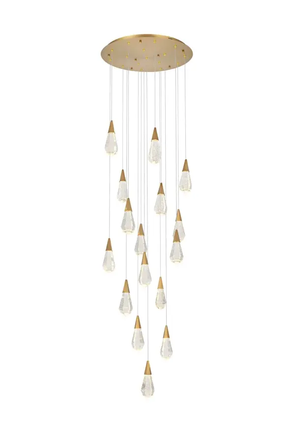 Dimensions
Chain/Rod Length: 142"
Length: 28"
Width: 28"
Height: 10"
Maximum Height: 128"
Wire Length: 142"
Specifications
Assembly Required: yes
Average Life (Hours): 6000
Bulb Included: Yes
Color Temperature: 3500K
CRI: 80
Crystal/Glass Color: Clear
Dimmable: Yes
Distressed Finish: No
Dry/Wet/Damp: Dry
ETL: Yes
Finish (Color): Satin Gold and Clear
Fixture Material: Iron and Crystal
Hanging Device: Cord
Hardware Finish: Satin Gold
Harware Material: Iron
Lumens: 150
Max/Nominal Watt: 32W
Number of Lights: 16
Product Shape: Round
Product Type: Pendants
Product Warranty: 1 year limited
Socket Type: LED
Voltage: 110V - 125V
Wattage/Bulb: 2W
Watts: 2W
Weight: 78
Wire Included: Yes
Shipment type: Small parcel