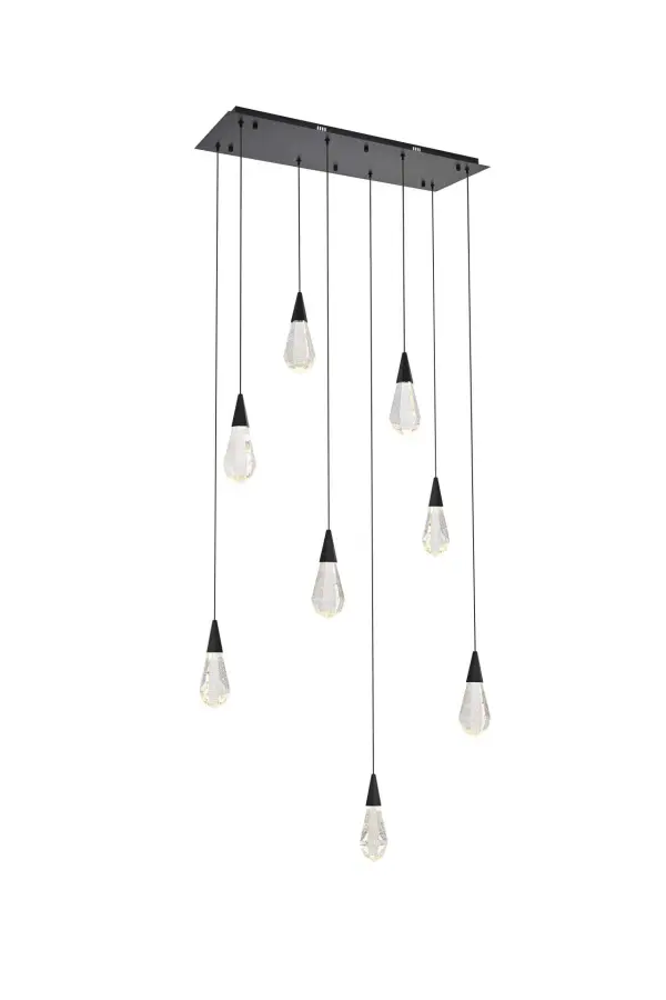 Dimensions
Chain/Rod Length: 142"
Length: 36"
Width: 12"
Height: 10"
Maximum Height: 128"
Wire Length: 142"
Specifications
Assembly Required: yes
Average Life (Hours): 6000
Bulb Included: Yes
Color Temperature: 3500K
CRI: 80
Crystal/Glass Color: Clear
Dimmable: Yes
Distressed Finish: No
Dry/Wet/Damp: Dry
ETL: Yes
Finish (Color): Black and Clear
Fixture Material: Iron and Crystal
Hanging Device: Cord
Hardware Finish: Black
Harware Material: Iron
Lumens: 150
Max/Nominal Watt: 16W
Number of Lights: 8
Product Shape: Rectangle
Product Type: Pendants
Product Warranty: 1 year limited
Socket Type: LED
Voltage: 110V - 125V
Wattage/Bulb: 2W
Watts: 2W
Weight: 44
Wire Included: Yes
Shipment type: Small parcel