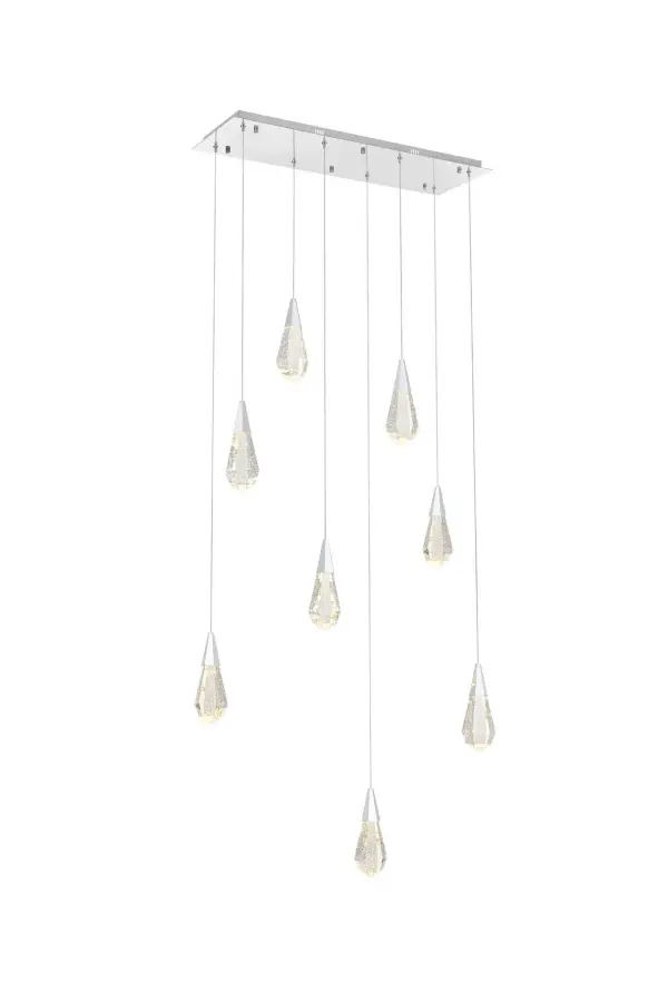 Dimensions
Chain/Rod Length: 142"
Length: 36"
Width: 12"
Height: 10"
Maximum Height: 128"
Wire Length: 142"
Specifications
Assembly Required: yes
Average Life (Hours): 6000
Bulb Included: Yes
Color Temperature: 3500K
CRI: 80
Crystal/Glass Color: Clear
Dimmable: Yes
Distressed Finish: No
Dry/Wet/Damp: Dry
ETL: Yes
Finish (Color): Chrome and Clear
Fixture Material: Iron and Crystal
Hanging Device: Cord
Hardware Finish: Chrome
Harware Material: Iron
Lumens: 150
Max/Nominal Watt: 16W
Number of Lights: 8
Product Shape: Rectangle
Product Type: Pendants
Product Warranty: 1 year limited
Socket Type: LED
Voltage: 110V - 125V
Wattage/Bulb: 2W
Watts: 2W
Weight: 44
Wire Included: Yes
Shipment type: Small parcel