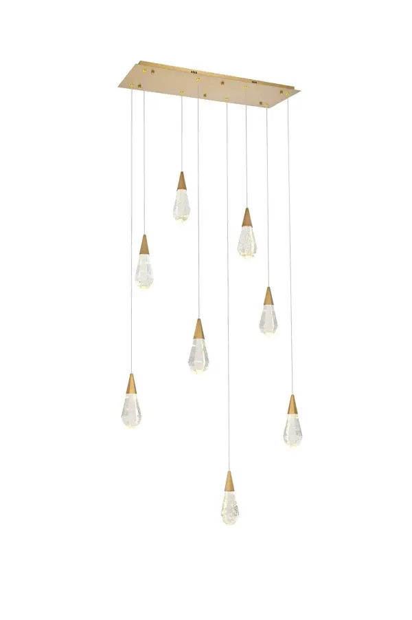 Dimensions
Chain/Rod Length: 142"
Length: 36"
Width: 12"
Height: 10"
Maximum Height: 128"
Wire Length: 142"
Specifications
Assembly Required: yes
Average Life (Hours): 6000
Bulb Included: Yes
Color Temperature: 3500K
CRI: 80
Crystal/Glass Color: Clear
Dimmable: Yes
Distressed Finish: No
Dry/Wet/Damp: Dry
ETL: Yes
Finish (Color): Satin Gold and Clear
Fixture Material: Iron and Crystal
Hanging Device: Cord
Hardware Finish: Satin Gold
Harware Material: Iron
Lumens: 150
Max/Nominal Watt: 16W
Number of Lights: 8
Product Shape: Rectangle
Product Type: Pendants
Product Warranty: 1 year limited
Socket Type: LED
Voltage: 110V - 125V
Wattage/Bulb: 2W
Watts: 2W
Weight: 44
Wire Included: Yes
Shipment type: Small parcel