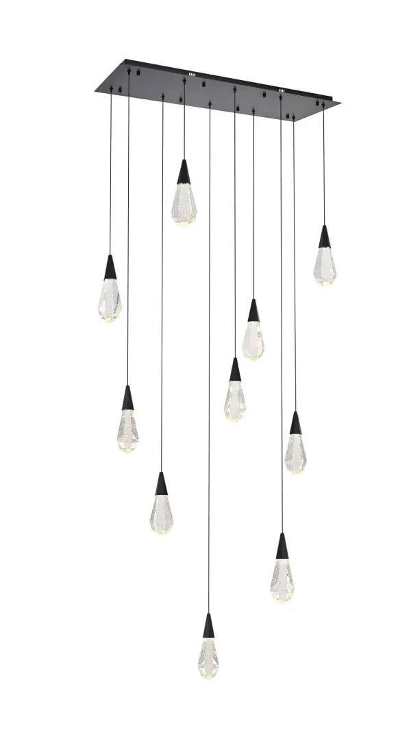 Dimensions
Chain/Rod Length: 142"
Length: 42"
Width: 12"
Height: 10"
Maximum Height: 128"
Wire Length: 142"
Specifications
Assembly Required: yes
Average Life (Hours): 6000
Bulb Included: Yes
Color Temperature: 3500K
CRI: 80
Crystal/Glass Color: Clear
Dimmable: Yes
Distressed Finish: No
Dry/Wet/Damp: Dry
ETL: Yes
Finish (Color): Black and Clear
Fixture Material: Iron and Crystal
Hanging Device: Cord
Hardware Finish: Black
Harware Material: Iron
Lumens: 150
Max/Nominal Watt: 20W
Number of Lights: 10
Product Shape: Rectangle
Product Type: Pendants
Product Warranty: 1 year limited
Socket Type: LED
Voltage: 110V - 125V
Wattage/Bulb: 2W
Watts: 2W
Weight: 53
Wire Included: Yes
Shipment type: Small parcel