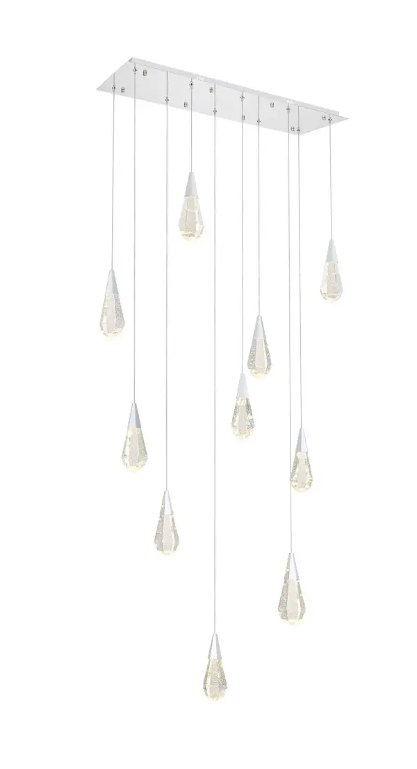 Dimensions
Chain/Rod Length: 142"
Length: 42"
Width: 12"
Height: 10"
Maximum Height: 128"
Wire Length: 142"
Specifications
Assembly Required: yes
Average Life (Hours): 6000
Bulb Included: Yes
Color Temperature: 3500K
CRI: 80
Crystal/Glass Color: Clear
Dimmable: Yes
Distressed Finish: No
Dry/Wet/Damp: Dry
ETL: Yes
Finish (Color): Chrome and Clear
Fixture Material: Iron and Crystal
Hanging Device: Cord
Hardware Finish: Chrome
Harware Material: Iron
Lumens: 150
Max/Nominal Watt: 20W
Number of Lights: 10
Product Shape: Rectangle
Product Type: Pendants
Product Warranty: 1 year limited
Socket Type: LED
Voltage: 110V - 125V
Wattage/Bulb: 2W
Watts: 2W
Weight: 53
Wire Included: Yes
Shipment type: Small parcel