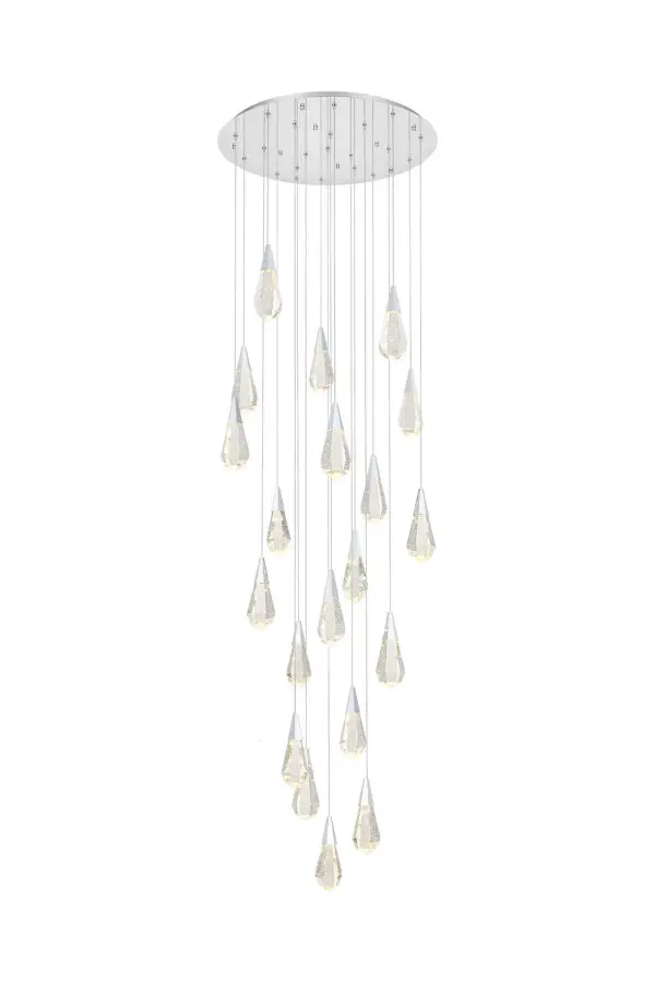 Dimensions
Chain/Rod Length: 142"
Length: 32"
Width: 32"
Height: 10"
Maximum Height: 128"
Wire Length: 142"
Specifications
Assembly Required: yes
Average Life (Hours): 6000
Bulb Included: Yes
Color Temperature: 3500K
CRI: 80
Crystal/Glass Color: Clear
Dimmable: Yes
Distressed Finish: No
Dry/Wet/Damp: Dry
ETL: Yes
Finish (Color): Chrome and Clear
Fixture Material: Iron and Crystal
Hanging Device: Cord
Hardware Finish: Chrome
Harware Material: Iron
Lumens: 150
Max/Nominal Watt: 40W
Number of Lights: 20
Product Shape: Round
Product Type: Chandeliers
Product Warranty: 1 year limited
Socket Type: LED
Voltage: 110V - 125V
Wattage/Bulb: 2W
Watts: 2W
Weight: 98
Wire Included: Yes
Shipment type: Small parcel