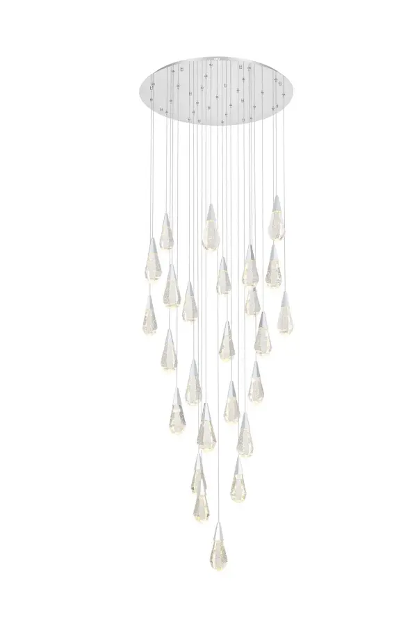 Dimensions
Chain/Rod Length: 142"
Length: 36"
Width: 36"
Height: 10"
Maximum Height: 128"
Wire Length: 142"
Specifications
Assembly Required: yes
Average Life (Hours): 6000
Bulb Included: Yes
Color Temperature: 3500K
CRI: 80
Crystal/Glass Color: Clear
Dimmable: Yes
Distressed Finish: No
Dry/Wet/Damp: Dry
ETL: Yes
Finish (Color): Chrome and Clear
Fixture Material: Iron and Crystal
Hanging Device: Cord
Hardware Finish: Chrome
Harware Material: Iron
Lumens: 150
Max/Nominal Watt: 50W
Number of Lights: 25
Product Shape: Round
Product Type: Chandeliers
Product Warranty: 1 year limited
Socket Type: LED
Voltage: 110V - 125V
Wattage/Bulb: 2W
Watts: 2W
Weight: 124
Wire Included: Yes
Shipment type: Oversize ground