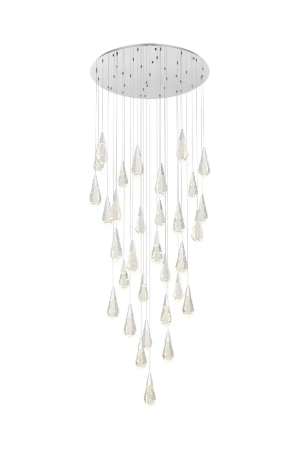 Dimensions
Chain/Rod Length: 142"
Length: 42"
Width: 42"
Height: 10"
Maximum Height: 128"
Wire Length: 142"
Specifications
Assembly Required: yes
Average Life (Hours): 6000
Bulb Included: Yes
Color Temperature: 3500K
CRI: 80
Crystal/Glass Color: Clear
Dimmable: Yes
Distressed Finish: No
Dry/Wet/Damp: Dry
ETL: Yes
Finish (Color): Chrome and Clear
Fixture Material: Iron and Crystal
Hanging Device: Cord
Hardware Finish: Chrome
Harware Material: Iron
Lumens: 150
Max/Nominal Watt: 64W
Number of Lights: 32
Product Shape: Round
Product Type: Chandeliers
Product Warranty: 1 year limited
Socket Type: LED
Voltage: 110V - 125V
Wattage/Bulb: 2W
Watts: 2W
Weight: 158
Wire Included: Yes
Shipment type: LTL
