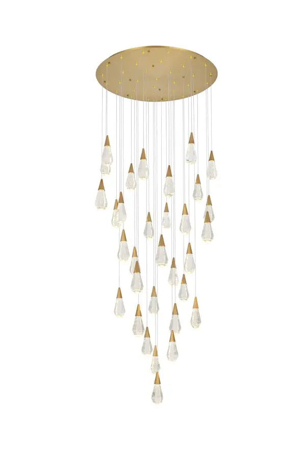 Dimensions
Chain/Rod Length: 142"
Length: 42"
Width: 42"
Height: 10"
Maximum Height: 128"
Wire Length: 142"
Specifications
Assembly Required: yes
Average Life (Hours): 6000
Bulb Included: Yes
Color Temperature: 3500K
CRI: 80
Crystal/Glass Color: Clear
Dimmable: Yes
Distressed Finish: No
Dry/Wet/Damp: Dry
ETL: Yes
Finish (Color): Satin Gold and Clear
Fixture Material: Iron and Crystal
Hanging Device: Cord
Hardware Finish: Satin Gold
Harware Material: Iron
Lumens: 150
Max/Nominal Watt: 64W
Number of Lights: 32
Product Shape: Round
Product Type: Chandeliers
Product Warranty: 1 year limited
Socket Type: LED
Voltage: 110V - 125V
Wattage/Bulb: 2W
Watts: 2W
Weight: 158
Wire Included: Yes
Shipment type: LTL