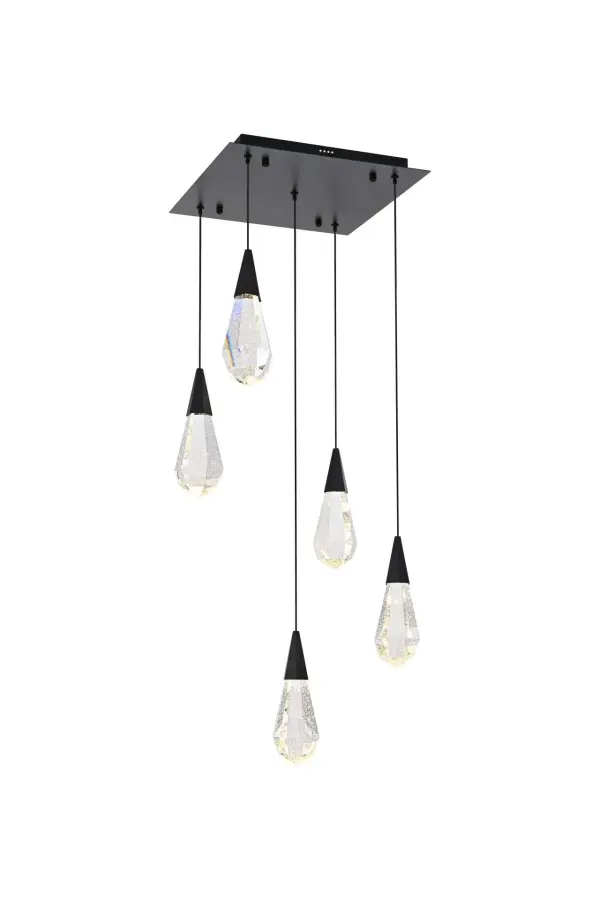 Dimensions
Chain/Rod Length: 142"
Length: 16"
Width: 16"
Height: 10"
Maximum Height: 128"
Wire Length: 142"
Specifications
Assembly Required: yes
Average Life (Hours): 6000
Bulb Included: Yes
Color Temperature: 3500K
CRI: 80
Crystal/Glass Color: Clear
Dimmable: Yes
Distressed Finish: No
Dry/Wet/Damp: Dry
ETL: Yes
Finish (Color): Black and Clear
Fixture Material: Iron and Crystal
Hanging Device: Cord
Hardware Finish: Black
Harware Material: Iron
Lumens: 150
Max/Nominal Watt: 10W
Number of Lights: 5
Product Shape: Rectangle
Product Type: Pendants
Product Warranty: 1 year limited
Socket Type: LED
Voltage: 110V - 125V
Wattage/Bulb: 2W
Watts: 2W
Weight: 27
Wire Included: Yes
Shipment type: Small parcel