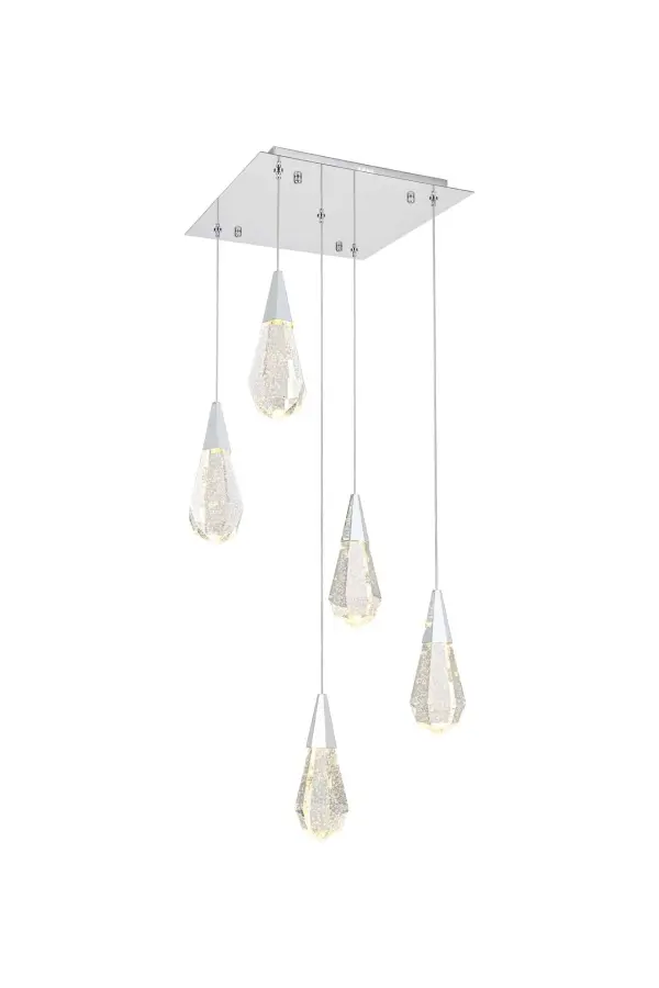 Dimensions
Chain/Rod Length: 142"
Length: 16"
Width: 16"
Height: 10"
Maximum Height: 128"
Wire Length: 142"
Specifications
Assembly Required: yes
Average Life (Hours): 6000
Bulb Included: Yes
Color Temperature: 3500K
CRI: 80
Crystal/Glass Color: Clear
Dimmable: Yes
Distressed Finish: No
Dry/Wet/Damp: Dry
ETL: Yes
Finish (Color): Chrome and Clear
Fixture Material: Iron and Crystal
Hanging Device: Cord
Hardware Finish: Chrome
Harware Material: Iron
Lumens: 150
Max/Nominal Watt: 10W
Number of Lights: 5
Product Shape: Rectangle
Product Type: Pendants
Product Warranty: 1 year limited
Socket Type: LED
Voltage: 110V - 125V
Wattage/Bulb: 2W
Watts: 2W
Weight: 27
Wire Included: Yes
Shipment type: Small parcel