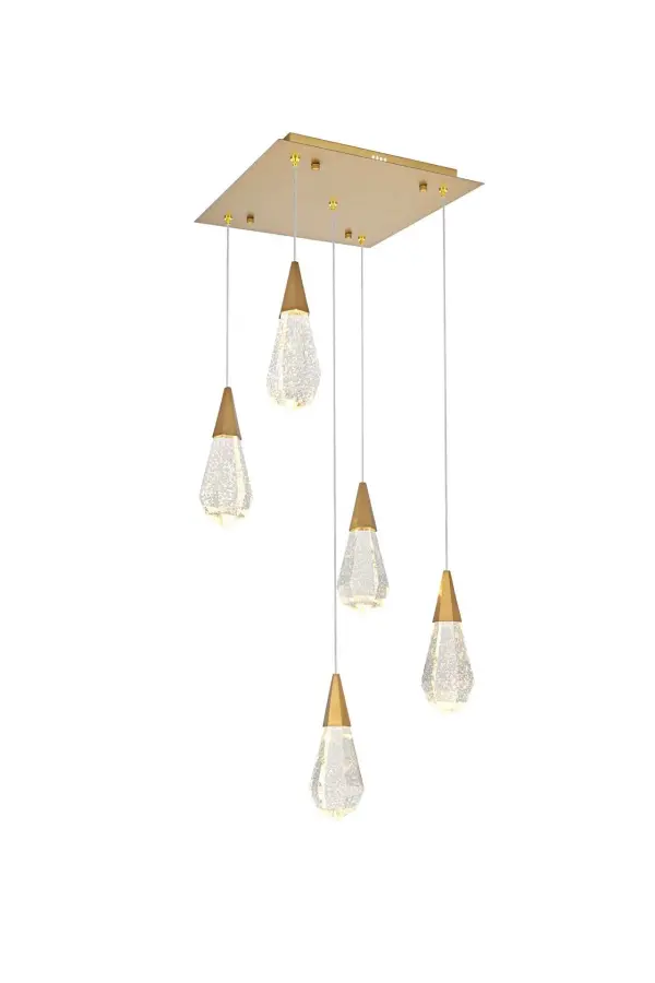 Dimensions
Chain/Rod Length: 142"
Length: 16"
Width: 16"
Height: 10"
Maximum Height: 128"
Wire Length: 142"
Specifications
Assembly Required: yes
Average Life (Hours): 6000
Bulb Included: Yes
Color Temperature: 3500K
CRI: 80
Crystal/Glass Color: Clear
Dimmable: Yes
Distressed Finish: No
Dry/Wet/Damp: Dry
ETL: Yes
Finish (Color): Satin Gold and Clear
Fixture Material: Iron and Crystal
Hanging Device: Cord
Hardware Finish: Satin Gold
Harware Material: Iron
Lumens: 150
Max/Nominal Watt: 10W
Number of Lights: 5
Product Shape: Rectangle
Product Type: Pendants
Product Warranty: 1 year limited
Socket Type: LED
Voltage: 110V - 125V
Wattage/Bulb: 2W
Watts: 2W
Weight: 27
Wire Included: Yes
Shipment type: Small parcel