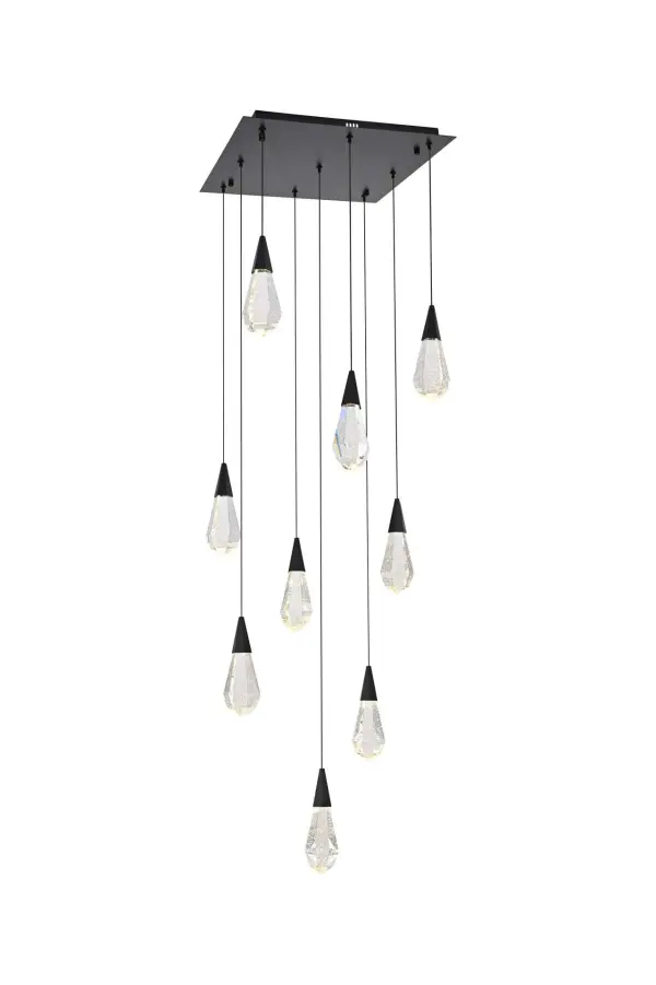 Dimensions
Chain/Rod Length: 142"
Length: 20"
Width: 20"
Height: 10"
Maximum Height: 128"
Wire Length: 142"
Specifications
Assembly Required: yes
Average Life (Hours): 6000
Bulb Included: Yes
Color Temperature: 3500K
CRI: 80
Crystal/Glass Color: Clear
Dimmable: Yes
Distressed Finish: No
Dry/Wet/Damp: Dry
ETL: Yes
Finish (Color): Black and Clear
Fixture Material: Iron and Crystal
Hanging Device: Cord
Hardware Finish: Black
Harware Material: Iron
Lumens: 150
Max/Nominal Watt: 18W
Number of Lights: 9
Product Shape: Rectangle
Product Type: Pendants
Product Warranty: 1 year limited
Socket Type: LED
Voltage: 110V - 125V
Wattage/Bulb: 2W
Watts: 2W
Weight: 47
Wire Included: Yes
Shipment type: Small parcel