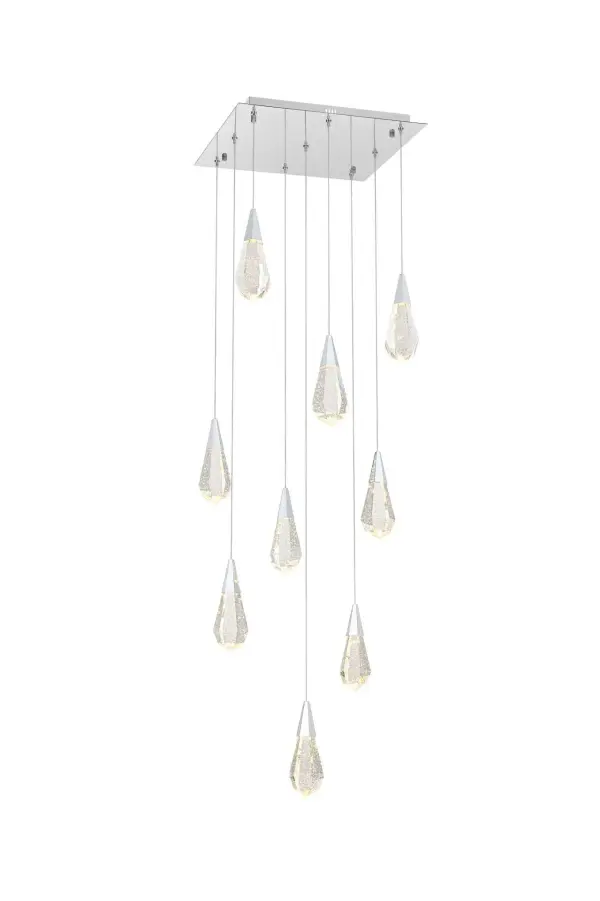 Dimensions
Chain/Rod Length: 142"
Length: 20"
Width: 20"
Height: 10"
Maximum Height: 128"
Wire Length: 142"
Specifications
Assembly Required: yes
Average Life (Hours): 6000
Bulb Included: Yes
Color Temperature: 3500K
CRI: 80
Crystal/Glass Color: Clear
Dimmable: Yes
Distressed Finish: No
Dry/Wet/Damp: Dry
ETL: Yes
Finish (Color): Chrome and Clear
Fixture Material: Iron and Crystal
Hanging Device: Cord
Hardware Finish: Chrome
Harware Material: Iron
Lumens: 150
Max/Nominal Watt: 18W
Number of Lights: 9
Product Shape: Rectangle
Product Type: Pendants
Product Warranty: 1 year limited
Socket Type: LED
Voltage: 110V - 125V
Wattage/Bulb: 2W
Watts: 2W
Weight: 47
Wire Included: Yes
Shipment type: Small parcel