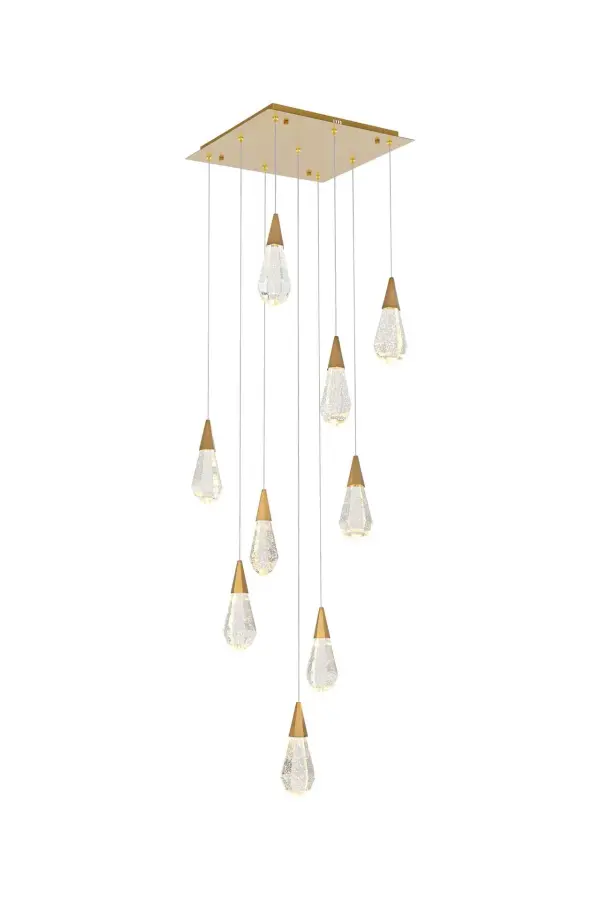 Dimensions
Chain/Rod Length: 142"
Length: 20"
Width: 20"
Height: 10"
Maximum Height: 128"
Wire Length: 142"
Specifications
Assembly Required: yes
Average Life (Hours): 6000
Bulb Included: Yes
Color Temperature: 3500K
CRI: 80
Crystal/Glass Color: Clear
Dimmable: Yes
Distressed Finish: No
Dry/Wet/Damp: Dry
ETL: Yes
Finish (Color): Satin Gold and Clear
Fixture Material: Iron and Crystal
Hanging Device: Cord
Hardware Finish: Satin Gold
Harware Material: Iron
Lumens: 150
Max/Nominal Watt: 18W
Number of Lights: 9
Product Shape: Rectangle
Product Type: Pendants
Product Warranty: 1 year limited
Socket Type: LED
Voltage: 110V - 125V
Wattage/Bulb: 2W
Watts: 2W
Weight: 47
Wire Included: Yes
Shipment type: Small parcel