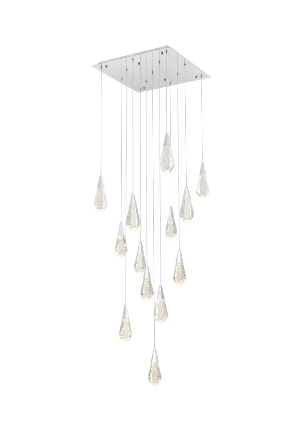 Dimensions
Chain/Rod Length: 142"
Length: 26"
Width: 26"
Height: 10"
Maximum Height: 128"
Wire Length: 142"
Specifications
Assembly Required: yes
Average Life (Hours): 6000
Bulb Included: Yes
Color Temperature: 3500K
CRI: 80
Crystal/Glass Color: Clear
Dimmable: Yes
Distressed Finish: No
Dry/Wet/Damp: Dry
ETL: Yes
Finish (Color): Chrome and Clear
Fixture Material: Iron and Crystal
Hanging Device: Cord
Hardware Finish: Chrome
Harware Material: Iron
Lumens: 150
Max/Nominal Watt: 26W
Number of Lights: 13
Product Shape: Rectangle
Product Type: Pendants
Product Warranty: 1 year limited
Socket Type: LED
Voltage: 110V - 125V
Wattage/Bulb: 2W
Watts: 2W
Weight: 68
Wire Included: Yes
Shipment type: Small parcel