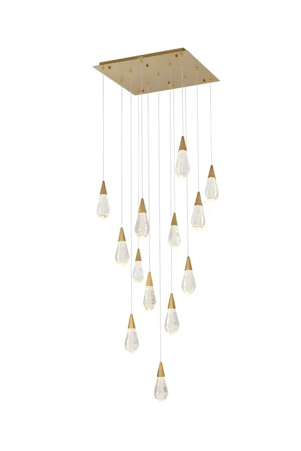 Dimensions
Chain/Rod Length: 142"
Length: 26"
Width: 26"
Height: 10"
Maximum Height: 128"
Wire Length: 142"
Specifications
Assembly Required: yes
Average Life (Hours): 6000
Bulb Included: Yes
Color Temperature: 3500K
CRI: 80
Crystal/Glass Color: Clear
Dimmable: Yes
Distressed Finish: No
Dry/Wet/Damp: Dry
ETL: Yes
Finish (Color): Satin Gold and Clear
Fixture Material: Iron and Crystal
Hanging Device: Cord
Hardware Finish: Satin Gold
Harware Material: Iron
Lumens: 150
Max/Nominal Watt: 26W
Number of Lights: 13
Product Shape: Rectangle
Product Type: Pendants
Product Warranty: 1 year limited
Socket Type: LED
Voltage: 110V - 125V
Wattage/Bulb: 2W
Watts: 2W
Weight: 68
Wire Included: Yes
Shipment type: Small parcel