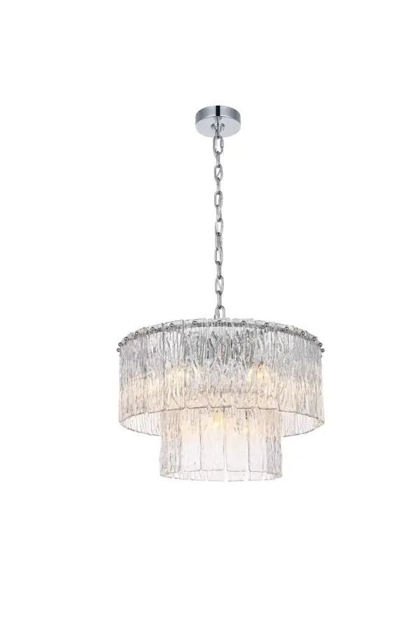 Dimensions
Chain/Rod Length: 59"
Length: 20"
Width: 20"
Height: 13"
Maximum Height: 79"
Wire Length: 142"
Specifications
Assembly Required: yes
Bulb Included: No
Crystal/Glass Color: Clear
Dimmable: Yes
Distressed Finish: No
Dry/Wet/Damp: Dry
ETL: Yes
Finish (Color): Chrome and Clear
Fixture Material: Iron and Glass
Hanging Device: Chain
Hardware Finish: Chrome
Harware Material: Iron
Max/Nominal Watt: 360W
Number of Lights: 9
Product Shape: Round
Product Type: Chandeliers
Product Warranty: 1 year limited
Socket Type: E12
Voltage: 110V - 125V
Wattage/Bulb: 40W
Weight: 25
Wire Included: Yes
Shipment type: Small parcel