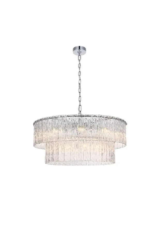 Dimensions
Chain/Rod Length: 59"
Length: 32"
Width: 32"
Height: 14"
Maximum Height: 82"
Wire Length: 142"
Specifications
Assembly Required: yes
Bulb Included: No
Crystal/Glass Color: Clear
Dimmable: Yes
Distressed Finish: No
Dry/Wet/Damp: Dry
ETL: Yes
Finish (Color): Chrome and Clear
Fixture Material: Iron and Glass
Hanging Device: Chain
Hardware Finish: Chrome
Harware Material: Iron
Max/Nominal Watt: 720W
Number of Lights: 18
Product Shape: Round
Product Type: Chandeliers
Product Warranty: 1 year limited
Socket Type: E12
Voltage: 110V - 125V
Wattage/Bulb: 40W
Weight: 44
Wire Included: Yes
Shipment type: Small parcel