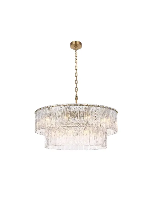 Dimensions
Chain/Rod Length: 59"
Length: 32"
Width: 32"
Height: 14"
Maximum Height: 82"
Wire Length: 142"
Specifications
Assembly Required: yes
Bulb Included: No
Crystal/Glass Color: Clear
Dimmable: Yes
Distressed Finish: No
Dry/Wet/Damp: Dry
ETL: Yes
Finish (Color): Satin Gold and Clear
Fixture Material: Iron and Glass
Hanging Device: Chain
Hardware Finish: Satin Gold
Harware Material: Iron
Max/Nominal Watt: 720W
Number of Lights: 18
Product Shape: Round
Product Type: Chandeliers
Product Warranty: 1 year limited
Socket Type: E12
Voltage: 110V - 125V
Wattage/Bulb: 40W
Weight: 44
Wire Included: Yes
Shipment type: Small parcel