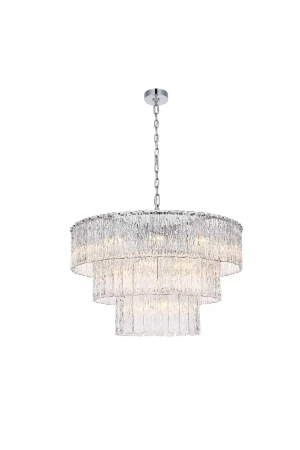 Dimensions
Chain/Rod Length: 59"
Length: 32"
Width: 32"
Height: 20"
Maximum Height: 88"
Wire Length: 142"
Specifications
Assembly Required: yes
Bulb Included: No
Crystal/Glass Color: Clear
Dimmable: Yes
Distressed Finish: No
Dry/Wet/Damp: Dry
ETL: Yes
Finish (Color): Chrome and Clear
Fixture Material: Iron and Glass
Hanging Device: Chain
Hardware Finish: Chrome
Harware Material: Iron
Max/Nominal Watt: 880W
Number of Lights: 22
Product Shape: Round
Product Type: Chandeliers
Product Warranty: 1 year limited
Socket Type: E12
Voltage: 110V - 125V
Wattage/Bulb: 40W
Weight: 54
Wire Included: Yes
Shipment type: Small parcel