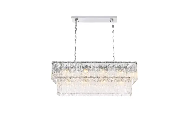 Dimensions
Chain/Rod Length: 59"
Length: 36"
Width: 11"
Height: 14"
Maximum Height: 79"
Wire Length: 142"
Specifications
Assembly Required: yes
Bulb Included: No
Crystal/Glass Color: Clear
Dimmable: Yes
Distressed Finish: No
Dry/Wet/Damp: Dry
ETL: Yes
Finish (Color): Chrome and Clear
Fixture Material: Iron and Glass
Hanging Device: Chain
Hardware Finish: Chrome
Harware Material: Iron
Max/Nominal Watt: 560W
Number of Lights: 14
Product Shape: Rectangle
Product Type: Chandeliers
Product Warranty: 1 year limited
Socket Type: E12
Voltage: 110V - 125V
Wattage/Bulb: 40W
Weight: 44
Wire Included: Yes
Shipment type: Small parcel