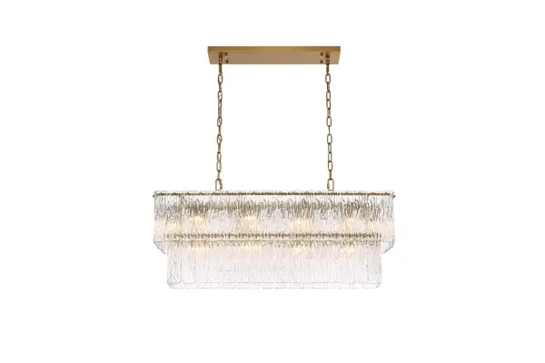 Dimensions
Chain/Rod Length: 59"
Length: 36"
Width: 11"
Height: 14"
Maximum Height: 79"
Wire Length: 142"
Specifications
Assembly Required: yes
Bulb Included: No
Crystal/Glass Color: Clear
Dimmable: Yes
Distressed Finish: No
Dry/Wet/Damp: Dry
ETL: Yes
Finish (Color): Satin Gold and Clear
Fixture Material: Iron and Glass
Hanging Device: Chain
Hardware Finish: Satin Gold
Harware Material: Iron
Max/Nominal Watt: 560W
Number of Lights: 14
Product Shape: Rectangle
Product Type: Chandeliers
Product Warranty: 1 year limited
Socket Type: E12
Voltage: 110V - 125V
Wattage/Bulb: 40W
Weight: 44
Wire Included: Yes
Shipment type: Small parcel