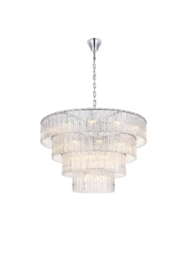 Dimensions
Chain/Rod Length: 59"
Length: 40"
Width: 40"
Height: 26"
Maximum Height: 94"
Wire Length: 142"
Specifications
Assembly Required: yes
Bulb Included: No
Crystal/Glass Color: Clear
Dimmable: Yes
Distressed Finish: No
Dry/Wet/Damp: Dry
ETL: Yes
Finish (Color): Chrome and Clear
Fixture Material: Iron and Glass
Hanging Device: Chain
Hardware Finish: Chrome
Harware Material: Iron
Max/Nominal Watt: 1360W
Number of Lights: 34
Product Shape: Round
Product Type: Chandeliers
Product Warranty: 1 year limited
Socket Type: E12
Voltage: 110V - 125V
Wattage/Bulb: 40W
Weight: 92
Wire Included: Yes
Shipment type: Oversize ground