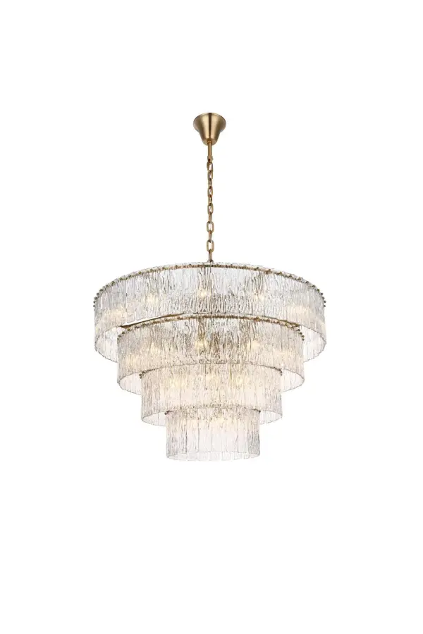 Dimensions
Chain/Rod Length: 59"
Length: 40"
Width: 40"
Height: 26"
Maximum Height: 94"
Wire Length: 142"
Specifications
Assembly Required: yes
Bulb Included: No
Crystal/Glass Color: Clear
Dimmable: Yes
Distressed Finish: No
Dry/Wet/Damp: Dry
ETL: Yes
Finish (Color): Satin Gold and Clear
Fixture Material: Iron and Glass
Hanging Device: Chain
Hardware Finish: Satin Gold
Harware Material: Iron
Max/Nominal Watt: 1360W
Number of Lights: 34
Product Shape: Round
Product Type: Chandeliers
Product Warranty: 1 year limited
Socket Type: E12
Voltage: 110V - 125V
Wattage/Bulb: 40W
Weight: 92
Wire Included: Yes
Shipment type: Oversize ground