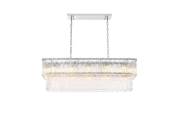 Dimensions
Chain/Rod Length: 59"
Length: 42"
Width: 11"
Height: 14"
Maximum Height: 79"
Wire Length: 142"
Specifications
Assembly Required: yes
Bulb Included: No
Crystal/Glass Color: Clear
Dimmable: Yes
Distressed Finish: No
Dry/Wet/Damp: Dry
ETL: Yes
Finish (Color): Chrome and Clear
Fixture Material: Iron and Glass
Hanging Device: Chain
Hardware Finish: Chrome
Harware Material: Iron
Max/Nominal Watt: 680W
Number of Lights: 17
Product Shape: Rectangle
Product Type: Chandeliers
Product Warranty: 1 year limited
Socket Type: E12
Voltage: 110V - 125V
Wattage/Bulb: 40W
Weight: 49
Wire Included: Yes
Shipment type: Small parcel