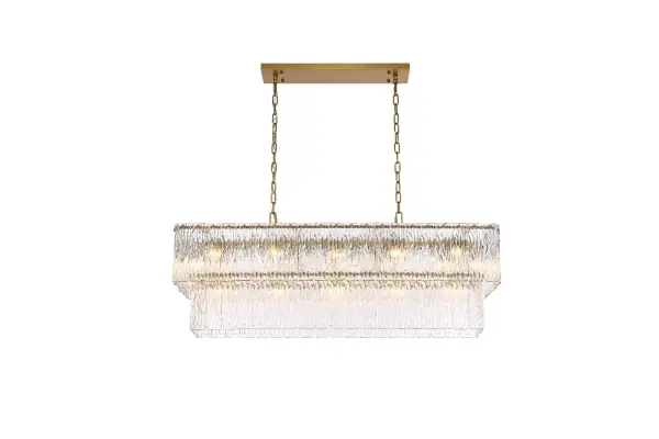 Dimensions
Chain/Rod Length: 59"
Length: 42"
Width: 11"
Height: 14"
Maximum Height: 79"
Wire Length: 142"
Specifications
Assembly Required: yes
Bulb Included: No
Crystal/Glass Color: Clear
Dimmable: Yes
Distressed Finish: No
Dry/Wet/Damp: Dry
ETL: Yes
Finish (Color): Satin Gold and Clear
Fixture Material: Iron and Glass
Hanging Device: Chain
Hardware Finish: Satin Gold
Harware Material: Iron
Max/Nominal Watt: 680W
Number of Lights: 17
Product Shape: Rectangle
Product Type: Chandeliers
Product Warranty: 1 year limited
Socket Type: E12
Voltage: 110V - 125V
Wattage/Bulb: 40W
Weight: 49
Wire Included: Yes
Shipment type: Small parcel