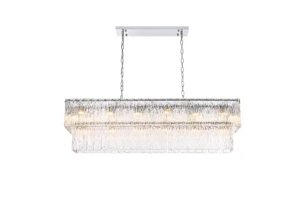 Dimensions
Chain/Rod Length: 59"
Length: 48"
Width: 11"
Height: 14"
Maximum Height: 79"
Wire Length: 142"
Specifications
Assembly Required: yes
Bulb Included: No
Crystal/Glass Color: Clear
Dimmable: Yes
Distressed Finish: No
Dry/Wet/Damp: Dry
ETL: Yes
Finish (Color): Chrome and Clear
Fixture Material: Iron and Glass
Hanging Device: Chain
Hardware Finish: Chrome
Harware Material: Iron
Max/Nominal Watt: 800W
Number of Lights: 20
Product Shape: Rectangle
Product Type: Chandeliers
Product Warranty: 1 year limited
Socket Type: E12
Voltage: 110V - 125V
Wattage/Bulb: 40W
Weight: 54
Wire Included: Yes
Shipment type: Small parcel